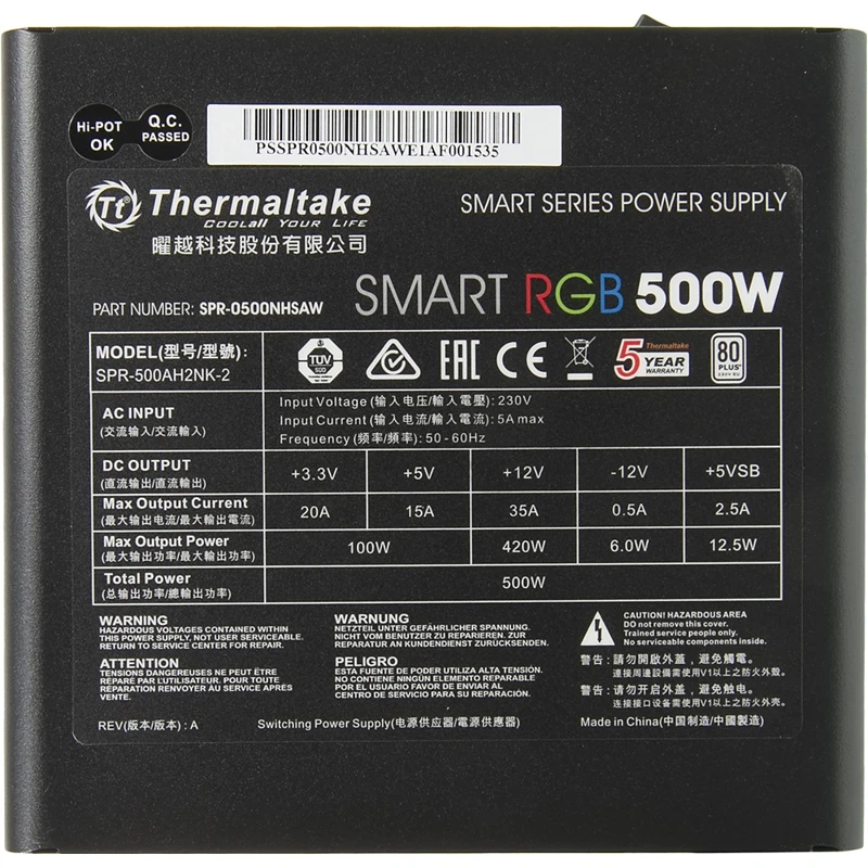 Блок питания Thermaltake ATX 500W Smart RGB 500 80+(24+4+4pin) APFC 120mm fan color LED 5xSATA RTL