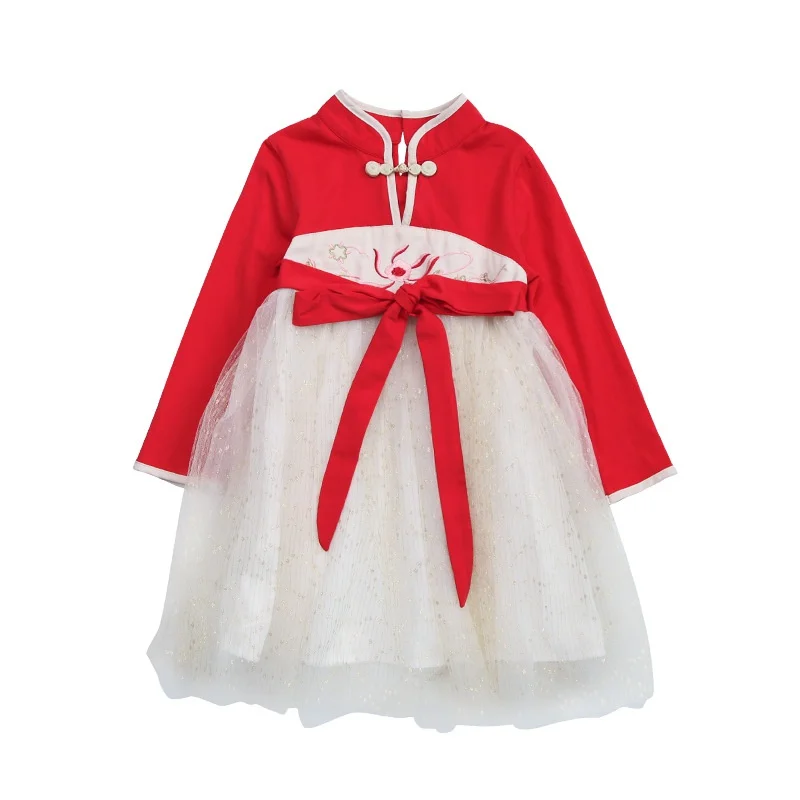 

3-8T Baby Girl Dress Children Autumn Girls Chinese Style Mesh Stitching Floral Embroidery Princess Long-Sleeved Sweet Dress #m