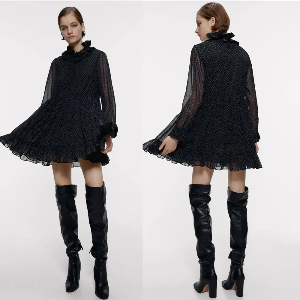 

2020 Fashion Dresses Preppy Style Lace Ruffles Dot Patchwork Loose Black Party Mini ZA Dress Women Sweet Vestidos Fiesta Noche