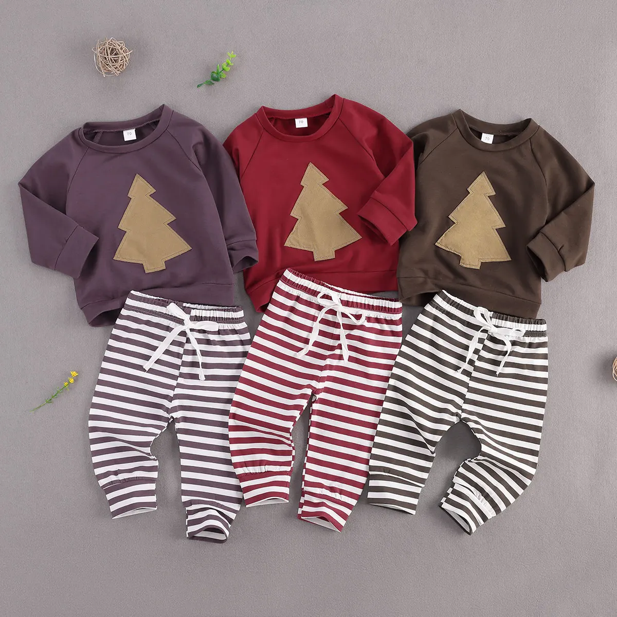 Children Baby Girl Boy 2Pcs Outfit Set Crew Neck Long Sleeve Christmas Tree Top Lace Up Elastic Waist Striped Trousers for Kids | Детская