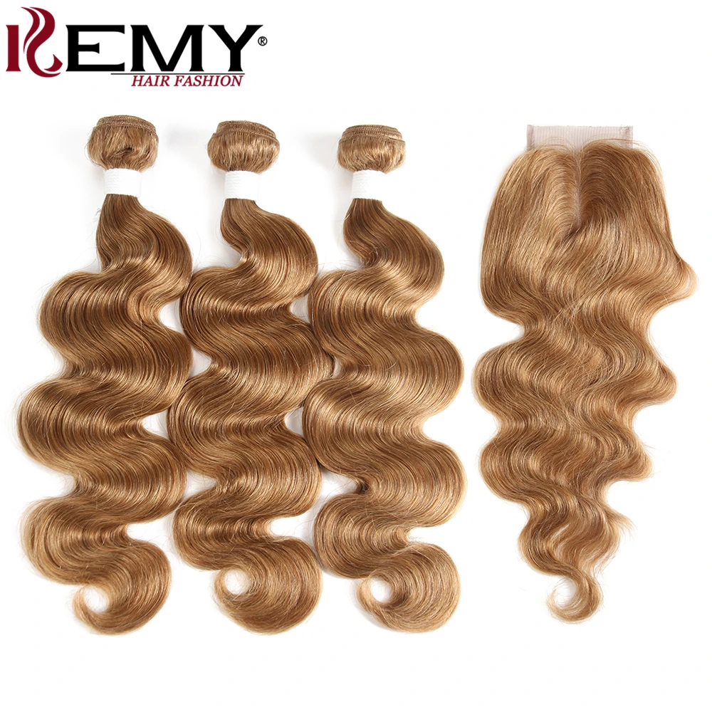 27 Средний коричневый 4# человеческие волосы пучки с закрытием 4*4 kemy Hair бразильские волнистые человеческие волосы ткет 3 шт не реми волосы - Цвет: 27