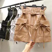 Г. Осенне-зимняя новая модная юбка с карманами и высокой талией кожаная короткая юбка-трапеция юбка из искусственной кожи G1227