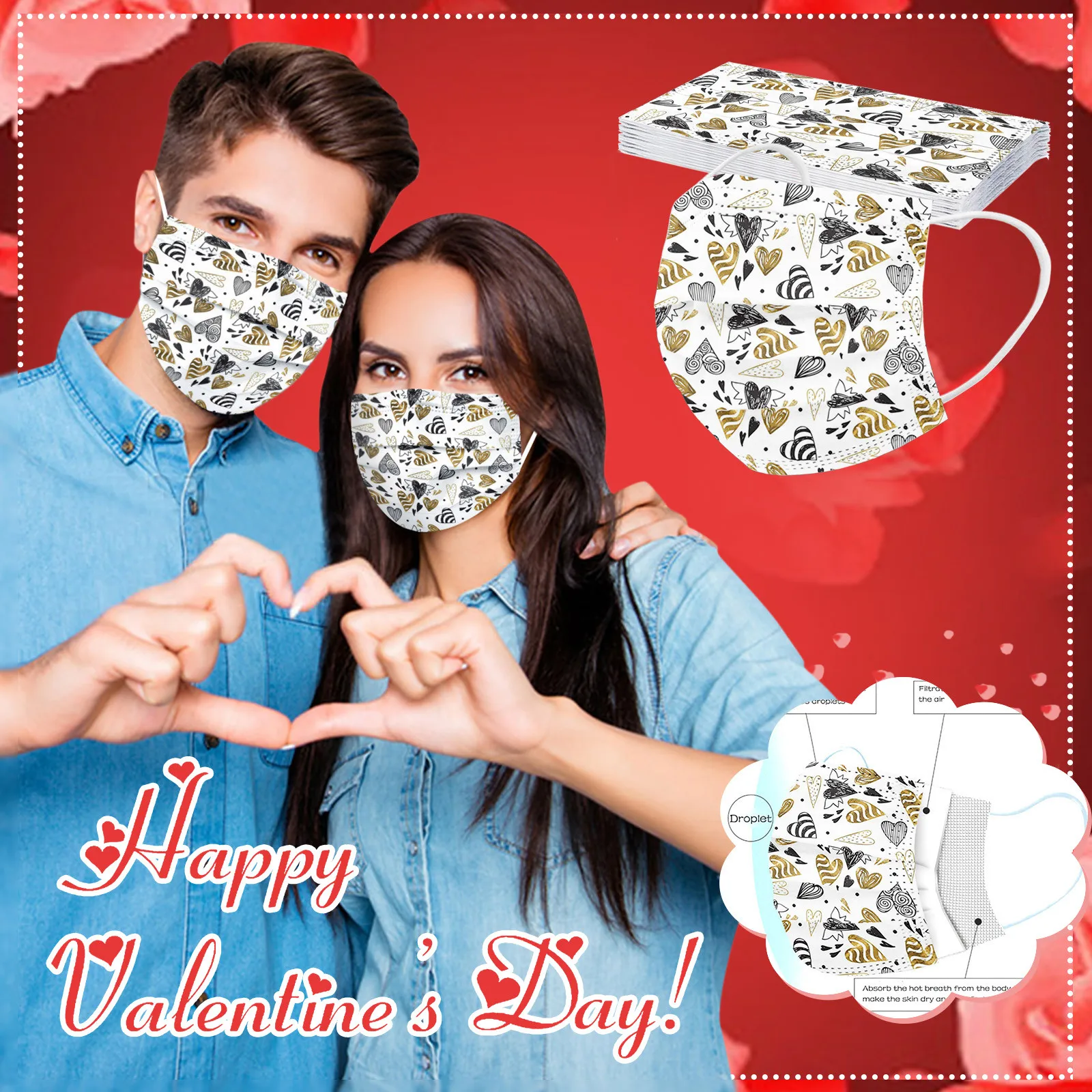 

2023 Valentine's Day Disposable Face Mask For Adult 10pcs Valentines Masks With Design Masks Full Face Protection Mascarillas