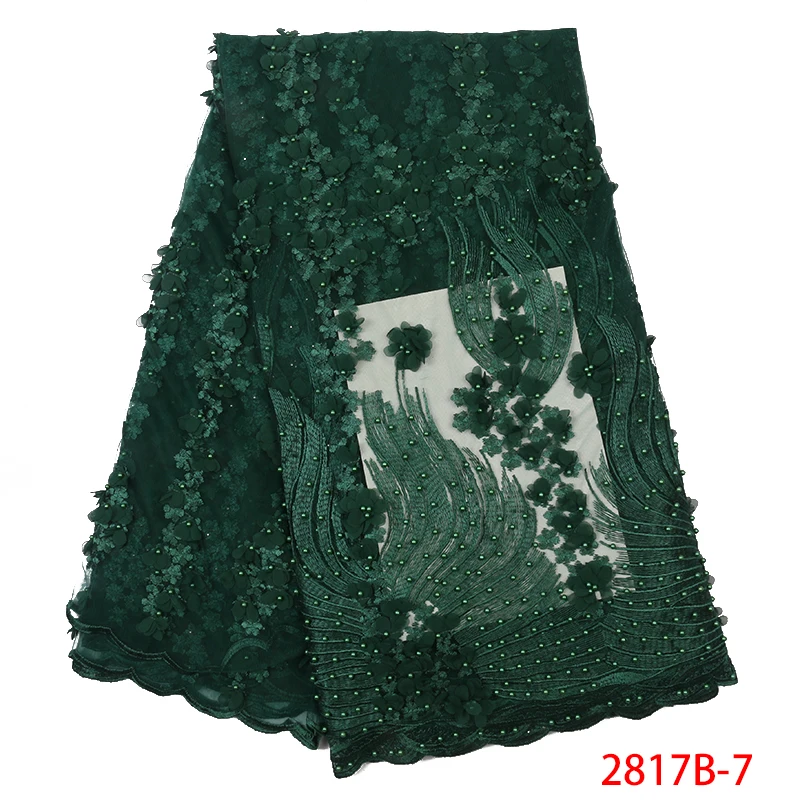 

Nigerian Tulle Lace Fabric with Beads Embroidery 3D Flowers Lace Fabrics Dark Green African French Net Lace Fabric APW2817B