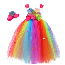 虹甘いキャンディ妖精ガール誕生日の衣装子供の虹ロリポップ花弓チュチュドレスとヘッドバンドのためのマスクマルディグラ Carnival