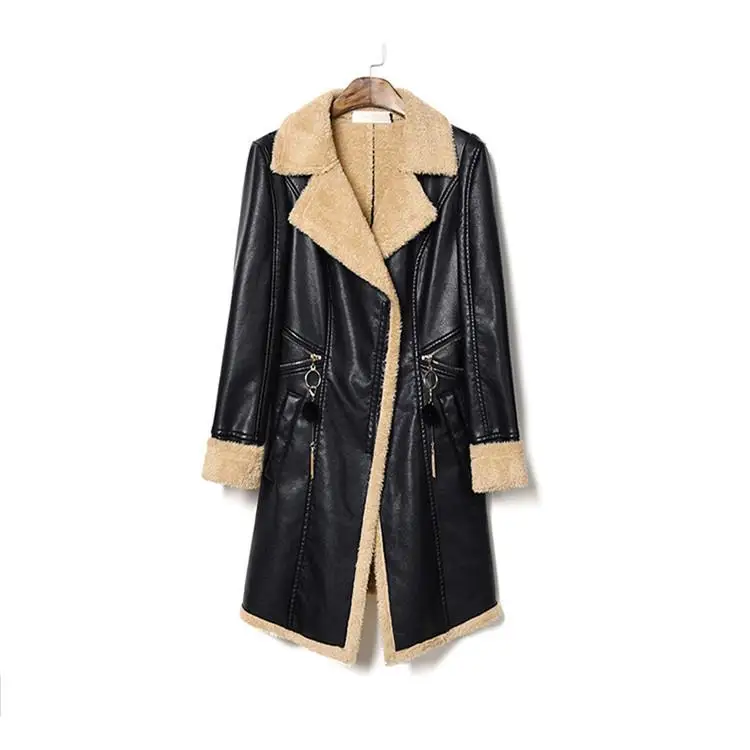 Winter Lapel Zipper Faux Leather Coat Korean Long Pu Jacket Women Gray Green Khaki Loose Tops Plus Velvet Jacket