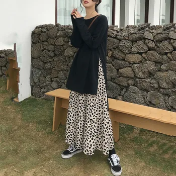 

Fashion Tide New Autumn And Winter Fashion Solid Color Round Neck Long T-shirt Leopard High Waist Female Dress PA977