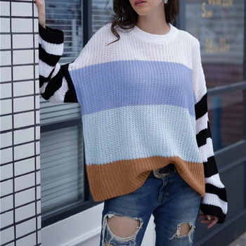 

Full Sleeve Women Knitting Sweater Loose Sweater Inter-color stitching striped sweater pullover loose sweater