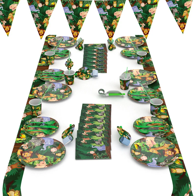 Animal Jungle Kid's Birthday Party Disposable Tableware Banner Flag Cup Plate Straw Thankgiving Day Favor