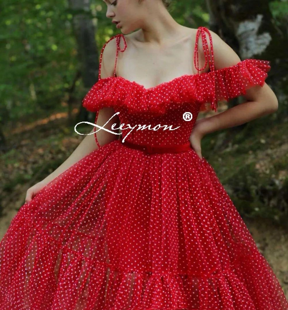 Leeymon A-Line в горошек красного цвета вечернее платье с открытыми плечами тонкими бретелями оборками длинное вечернее платье vestido de festa длина до пола