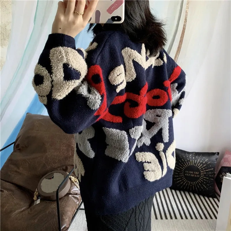 Осень зима корейский стиль письмо женские вязаные свитера кардиганы брендовый дизайнерский женский длинный свитер джемпер одежда оверсайз