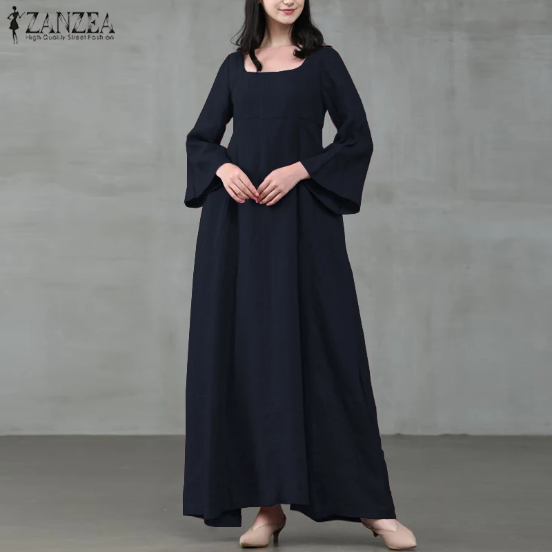 Retro Square Neck Maxi Dress Womens Autumn Sundress ZANZEA 2020 Casual Flare Sleeve Vestidos Female Solid Robe Oversized 5XL