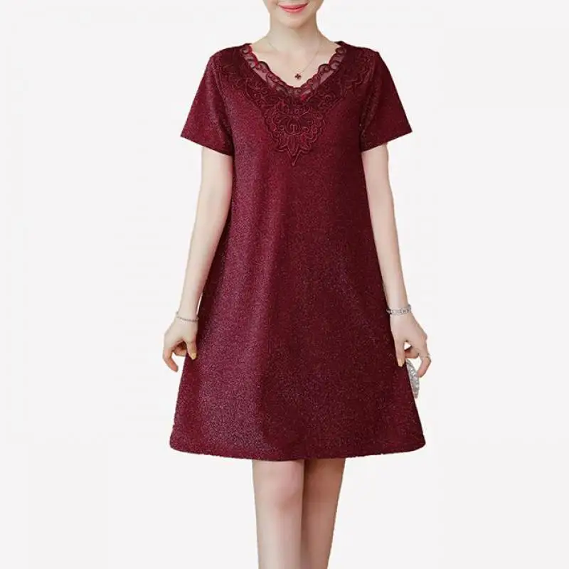 

L-5XL Big Size Office Lady Embroidery Party Loose Short Sleeve Plus Size Wine Red Black Elegant Woman Summer Cocktail Dresses