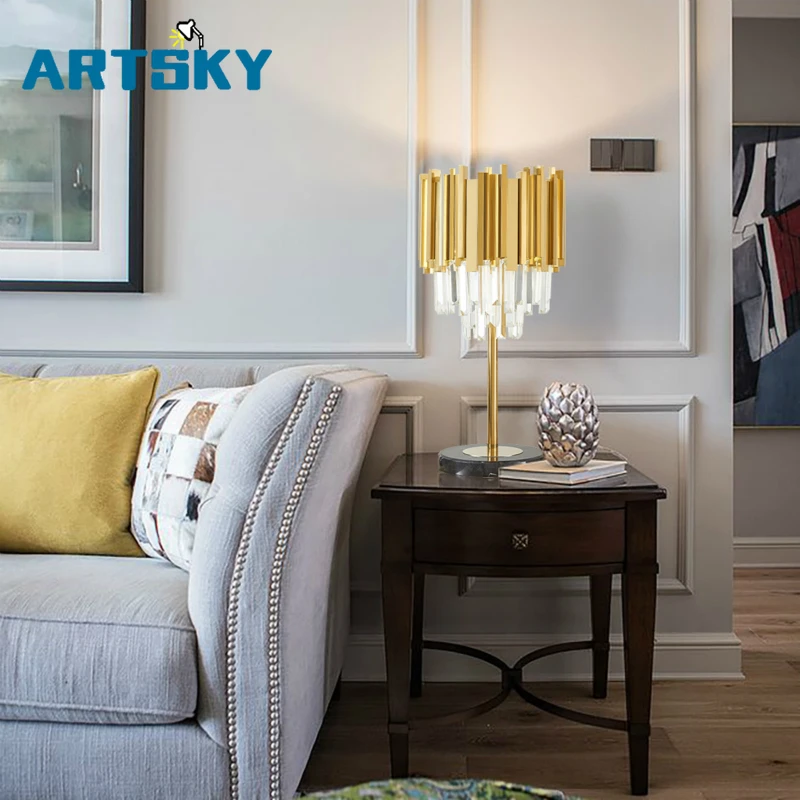 

Modern Bedroom Table Lamp Gold Polished Steel Crystal Desk Decor Light fixtures Living Dining Room Table Lamp