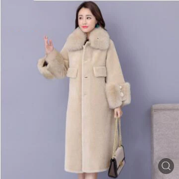 Beige Лидер продаж, Брендовое длинное женское пальто с воротником из лисьего меха, новинка года, зимняя меховая оторочка из овечьей шерсти с длинными рукавами, одна парка, верхняя одежда LZ054 - Цвет: Beige