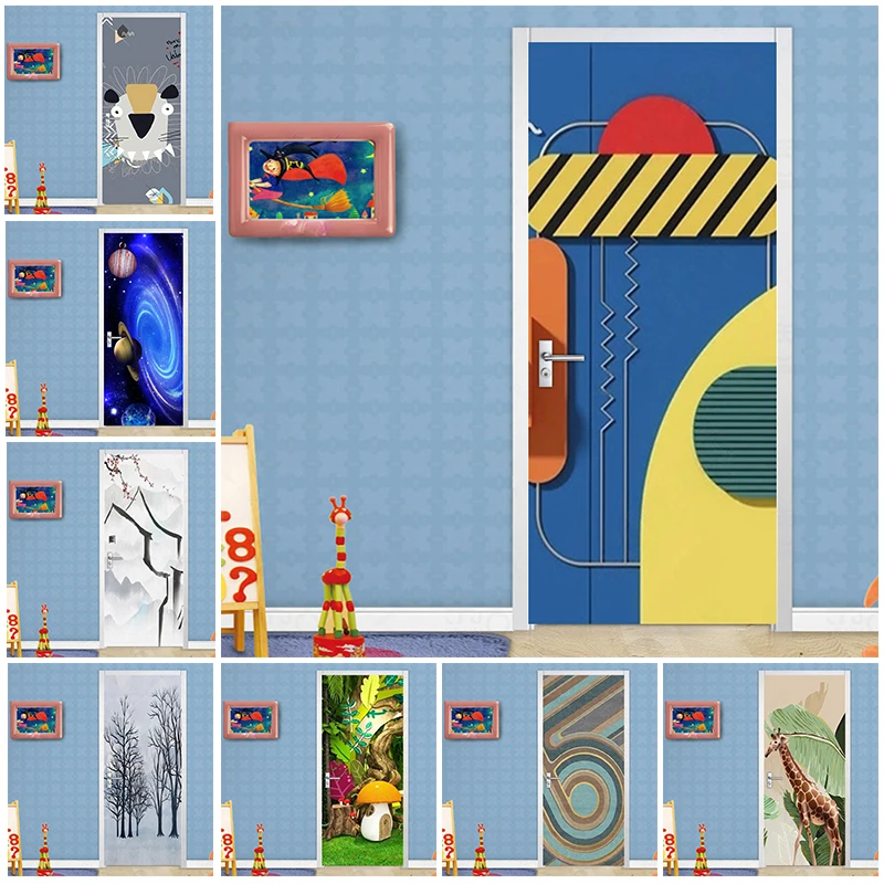 Cartoon 3D Geometric Abstract Door Sticker For Kids Children Bedroom Living Room Decor Wallpaper PVC Waterproof Self-adhesive