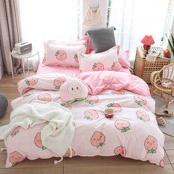 

Cute Bed Linens Peach Print Home Textile Bedding Luxury Fruit Duvet King Cover Sheet 3/4pcs Size Set Girls Gift Bedclothes Queen