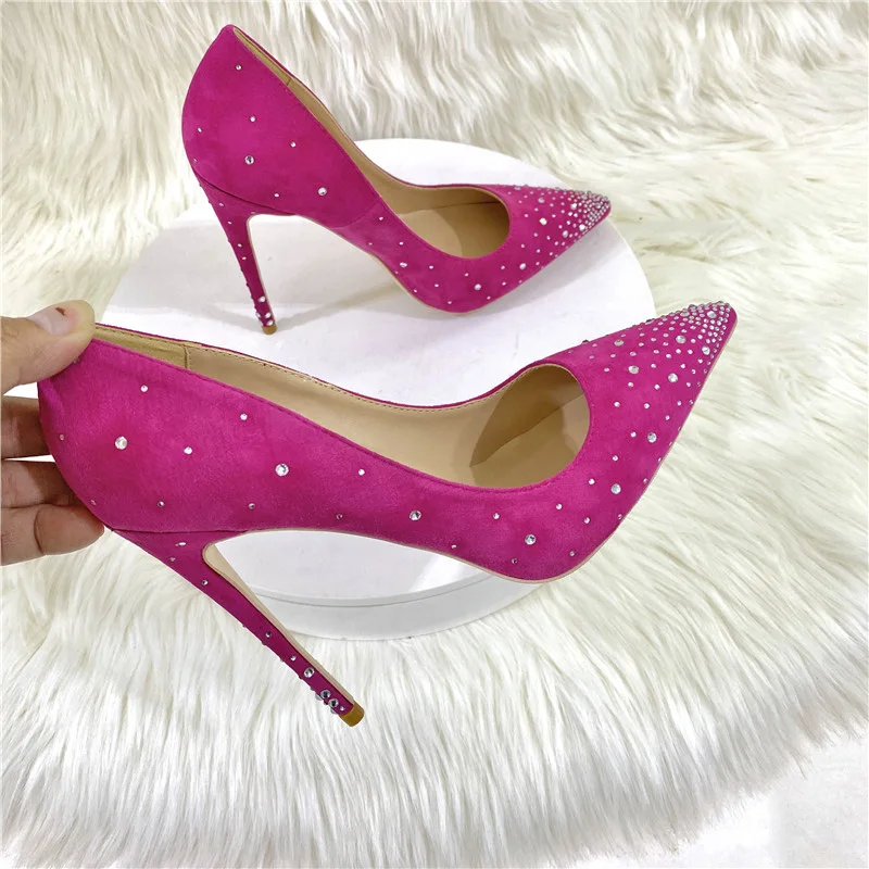 Ke Shang Jia Rose Pink Flock Women Rhinestones Pointed Toe Stiletto Pumps Elegant Suede High Heel Wedding Party Shoes Size 33-46
