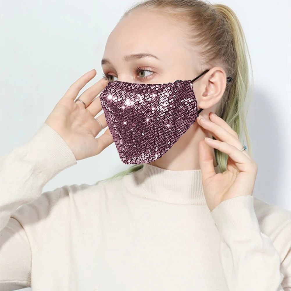 

Fashion Women Washable Reusable Bling Sequined Face Cover Reusable Face Bandanas With Adjustable Ear Loops Face CoverSilver