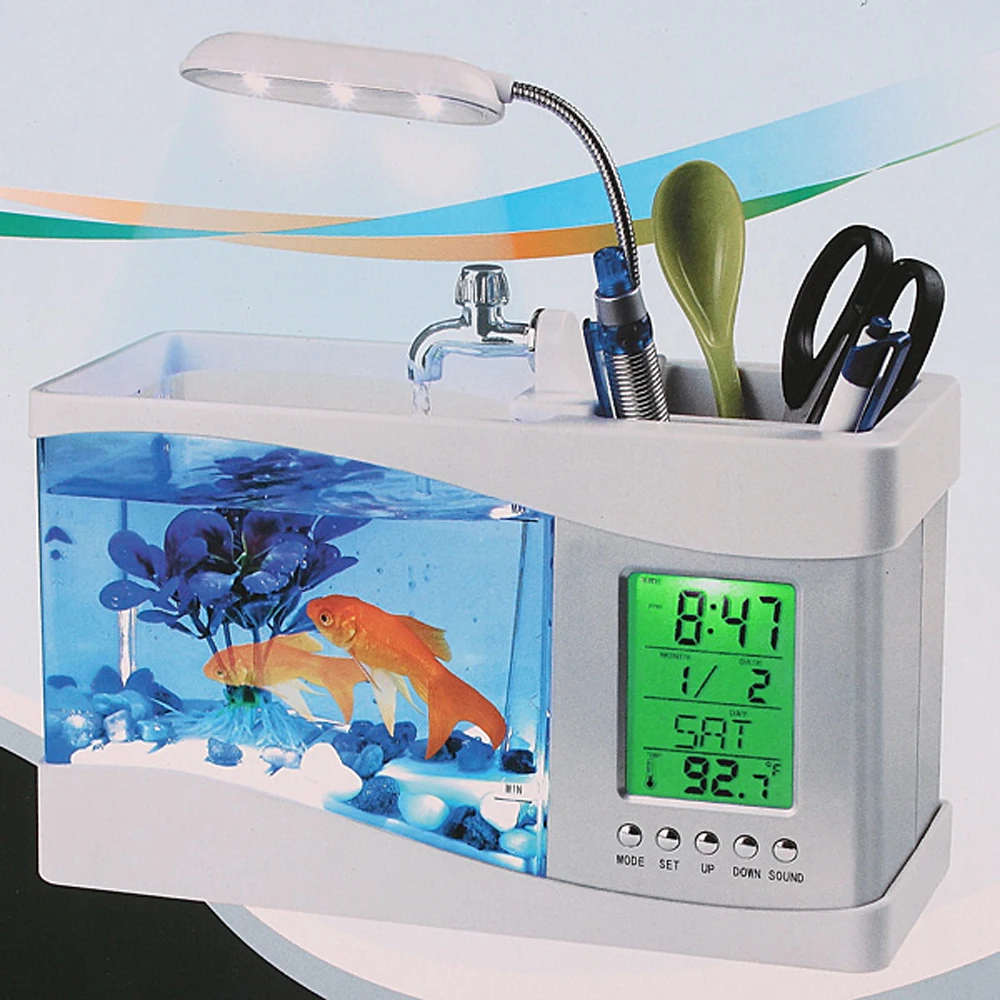 Популярные USB Настольные мини аквариумные стеклянные ЖК-часы с таймером светодиодный светильник черный/белый светодиодный аквариумный аквариум