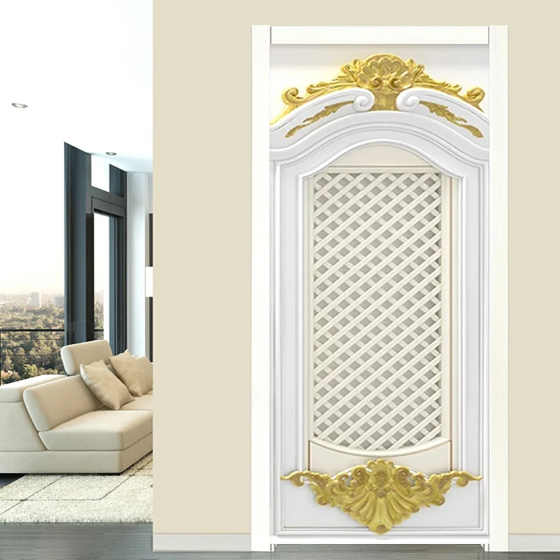 PVC Self-Adhesive Waterproof Door Sticker 3D Stereo White Carved Frame Wallpaper Living Room Bedroom Study Home Decor Door Decal