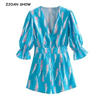 

2020 Summer Wheat ear floral Print V neck Bodysuits Elegant Women 3/4 Puff Sleeve Slim Waist Short Jumpsuits Romper Playsuits