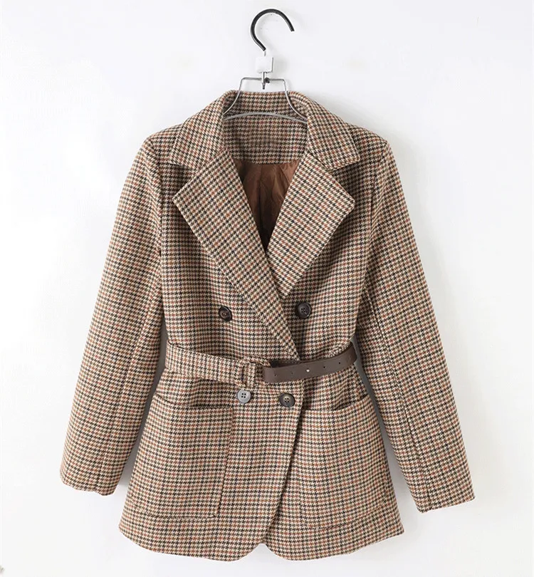 Fashion Double Breasted Office Women Plaid Blazer With Belt Long Sleeve Houndstooth Blazer Suits Coats Female Slim Jacket Coat