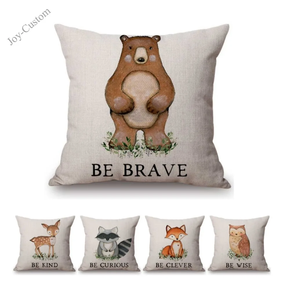 

Baby Boy Girl Version Cute Animal Motto Letters Print Kids Room Decoration Throw Pillow Case Cotton Linen Sofa Cushion Cover