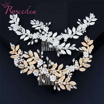 

Elegant Porcelain Flower Bridal Hair Comb Crystal Gold Silver Color Hair Barrette wedding hair jewelry RE3881