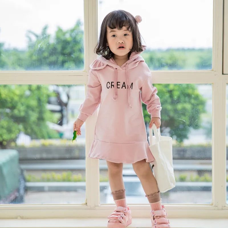 

2019 New Spring Autumn Baby Girl Long Sleeve Clothes Dress Kids Girls Casual Hoodie Letter Printing Clothing Kids Hooded Dress
