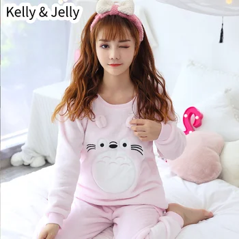 

2019Heavy flannel long-sleeved pajamas for autumn winter women's wear sleep wear cartoon totoro cute home outfit pajamas