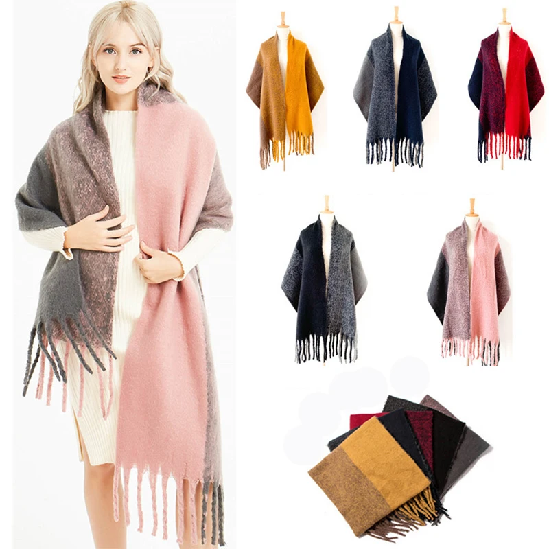 

Two Color Women Scarf Autumn Winter Warm Cashmere Scarf Two Sided Plain Scarves Shawls Wraps Pashmina Long Tassels Blanket