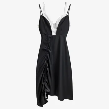 

V-neck summer fashion women dress backless strapes white and black high waist A-line dress female vestido C002