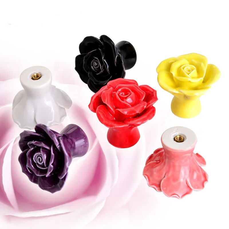 

Furniture Knob Hand Painted Ceramic Rose Flower Knobs Cabinet Drawer Handles Single Hole Knob with Screw Glass Cabinet Pulls