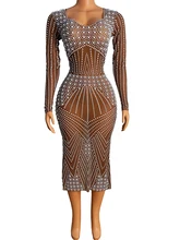 

Shining Pearl Rhinestones Square Collar Midi Dress Birthday Celebrate Dress Evening Prom Outfit Women Bar Nightclub Outfi
