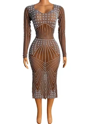 Shining Pearl Rhinestones Square Collar Midi Dress Birthday Celebrate Dress Evening Prom Outfit Women Bar Nightclub Outfi