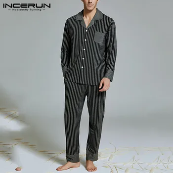 

INCERUN Men Striped Pajamas Set Long Sleeve Lapel Sleepwear Homewear Long Pants Autumn Cozy Fashion Mens Clothes Nightwear Sets