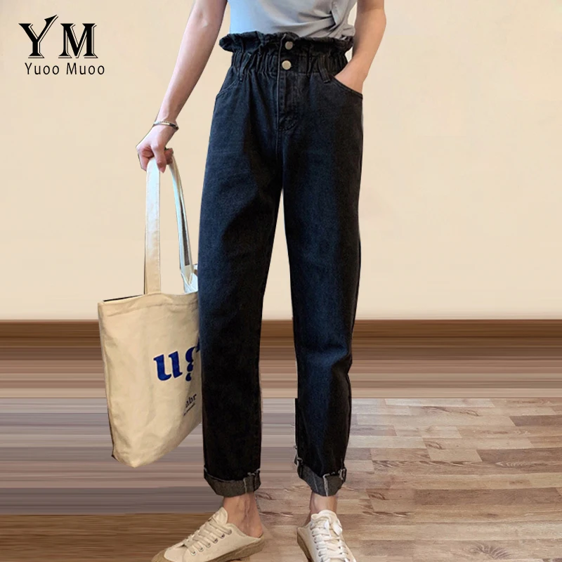 YuooMuoo осенние черные женские свободные джинсы Harajuku с высокой талией синие джинсы винтажные обжимные мешковатые джинсы для мамы Femme