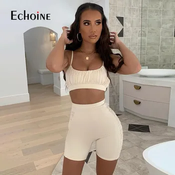 

Echoine 2020 summer quality sleeveless ruched sexy crop tops biker shorts 2 pieces set women fashion casual streetwear tracksuit