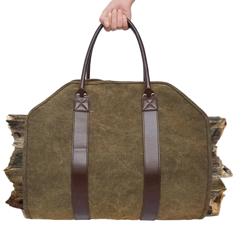 

Outdoor Leather Tote Camping Carry Bag Canvas Firewood Carrier Log Storage Bag Package Handles Bag Firewood Bag Home Kitchen Sup