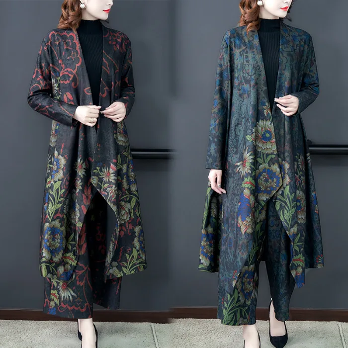 

2019 Autumn And Winter Large Size Dress Literature And Art Retro Middle-aged Mom Set Jacket Loose-Fit Wide-Leg Two-Piece Set