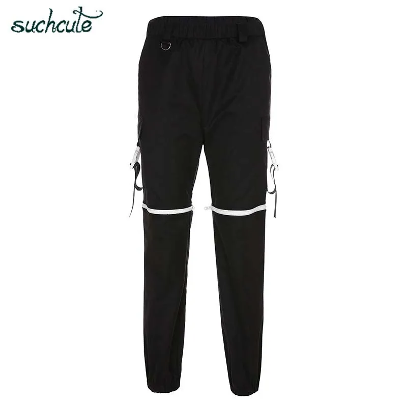 SUCHCUTE, широкие женские штаны в клетку, Pockage, спортивные штаны в стиле панк, корейский стиль, брюки, женские Jogger, корейский стиль, Breeche Harajuku - Цвет: black pants