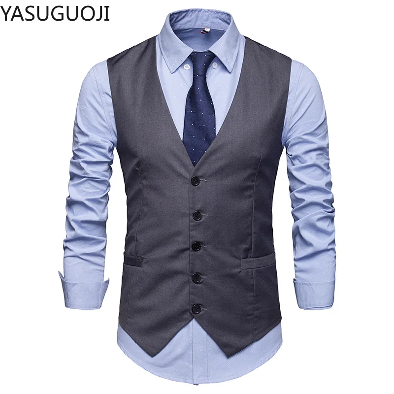 Gran oferta Yasuguji-Chaleco informal inteligente con una botonadura para hombre, camiseta ajustada sin mangas, chaleco, traje, 2020 jlOga3VRj