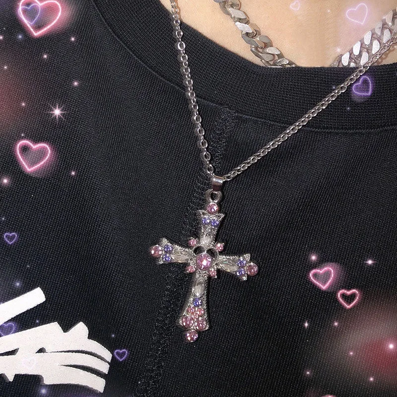 New Gothic Pink Cross Necklace Purple Zircon Punk Pendant Y2K Heart Chain for Woman Jewelry Accessories | Украшения и аксессуары