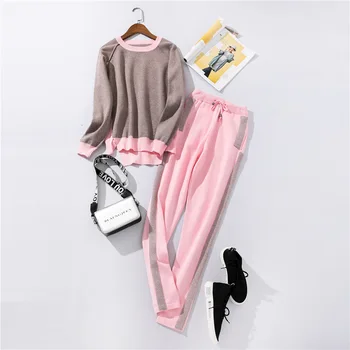 

Autumn Winter Knitted Tracksuit Sweatshirts Casual Suit Women 2 Piece Set Knit Pant Sporting Suit Female Pullovers WS180
