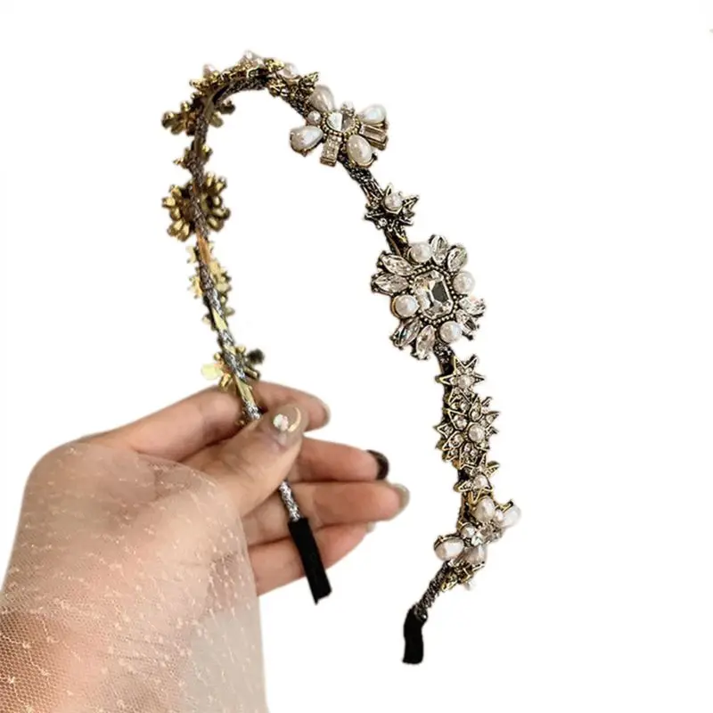 Retro Baroque Imitation Pearl Crystal Flower Star Hair Accessory Bridal Crown Headband Wedding Party Boutique Jewelry 3