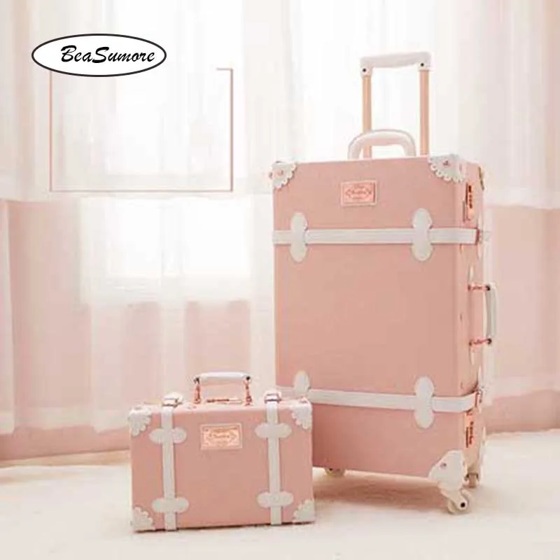 pink a set BeaSumore, Ретро стиль, из искусственной кожи, сумки на колёсиках, наборы, Спиннер, Ретро стиль, для женщин, чемодан на колесиках, женская сумка для путешествий - Цвет: pink a set