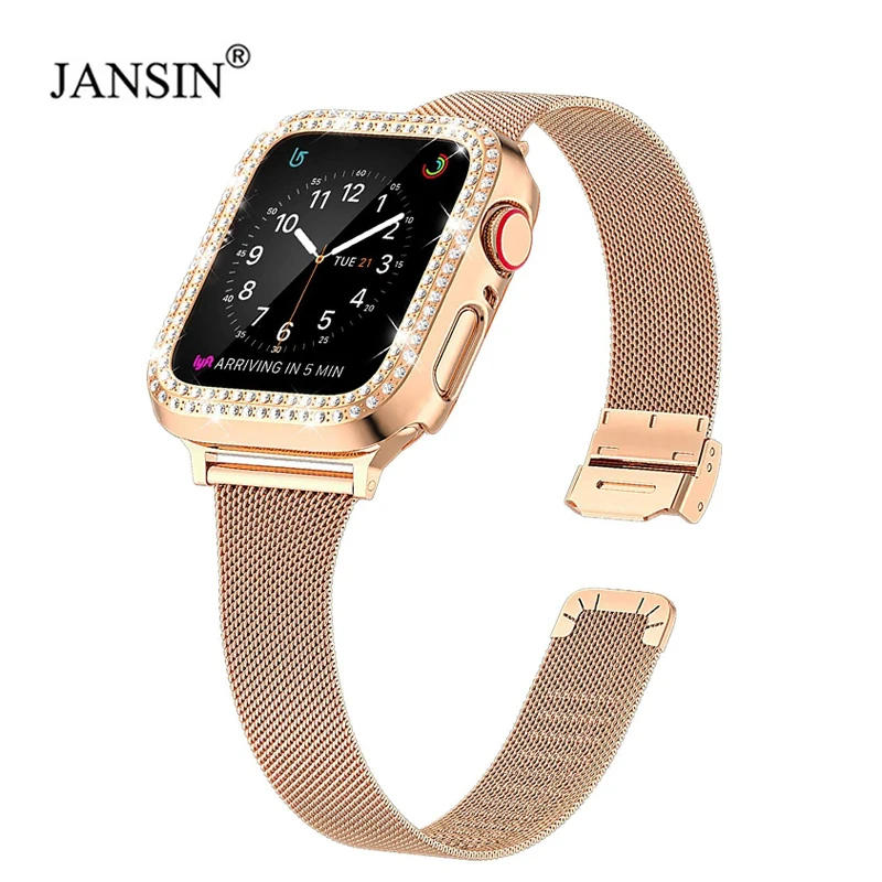 

Slim Milanese+Diamond Case for Apple Watch Band 38mm 40mm 42mm 44mm Stainless Steel Loop band for iWatch SE Series 6/5/4/3/2/1