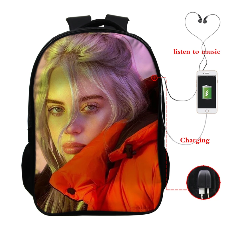 22 Sac Dos Mochila Billie Eilish рюкзаки для школы подростков девочек Книга сумка 3D печать usb зарядка 16 дюймов ноутбук plecak - Цвет: 22
