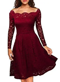 

Elegant Girl Sexy Dress for Women Vintage Lace Long Sleeve Wine red Black Blue Robe Femme Casual Dresses Woman Party Night